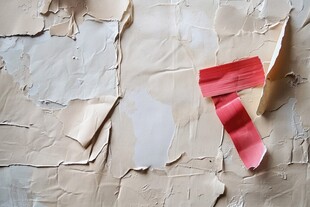 剥落墙皮上的红胶带