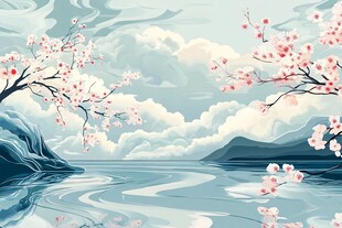 湖畔春景 繁花碧水映青山