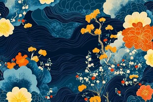 日式和风花卉海浪图案