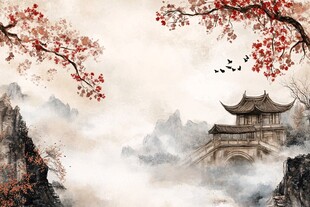 水墨古风 亭台山水红叶景