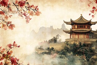 古风楼阁映繁花美景