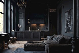 暗黑系奢华风客厅与厨房