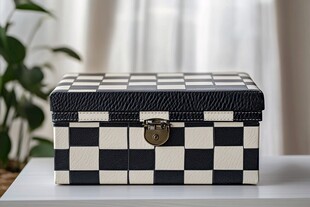 黑白格纹精致带锁收纳盒