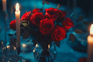 红玫瑰与烛光营造浪漫氛围