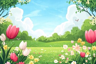 春日繁花盛开的绿野风光