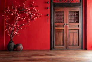 中式红墙木门与繁花景致