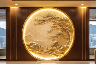 中式圆形松景浮雕艺术墙