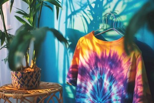 多彩扎染T恤与绿植搭配
