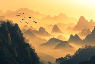 日暮山峦飞鸟图