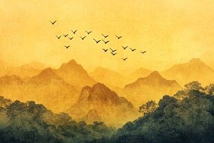 群鸟翱翔于山水之间