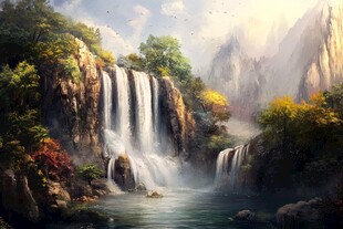 梦幻山间瀑布自然美景图