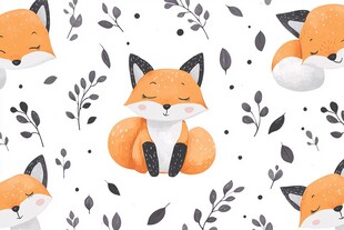 可爱狐狸与枝叶无缝图案