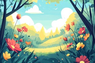 春日烂漫花田森林风景