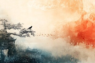 水墨飞鸟古韵景