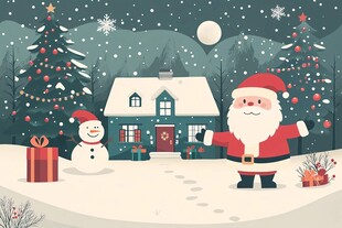 圣诞夜的温馨雪景与圣诞老人