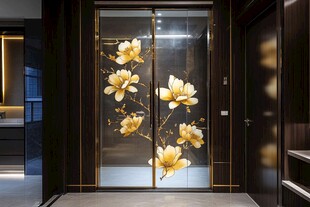 金色玉兰花双开玻璃门