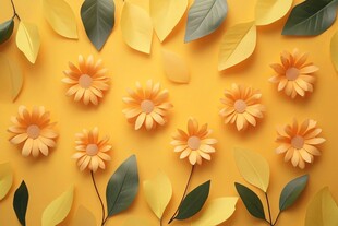 黄色背景上的纸艺花朵与叶