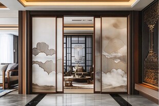 中式云纹屏风隔断客厅景致