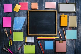 多彩文具环绕的空白小黑板