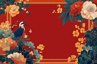 中式花鸟喜庆红色背景图