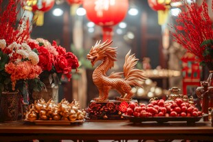 中式龙摆件装点喜庆节日场景