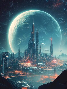 未来科幻城市与巨大星球景观