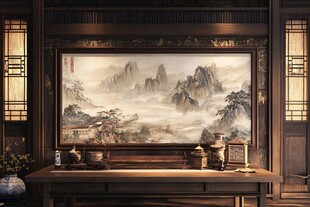 中式书房中的山水墨画
