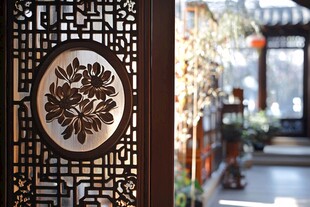 中式雕花窗棂的雅致景致