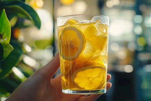 手捧柠檬冰茶清爽一夏