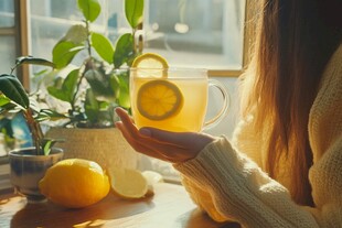 窗边手握柠檬茶的惬意时刻