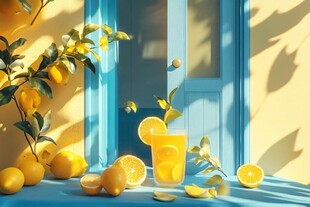 阳光下的柠檬与鲜榨果汁