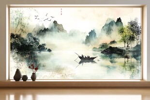 中式水墨山水窗边美景