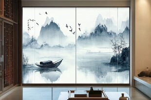 中式山水意境客厅推拉门画