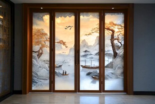 中式山水艺术玻璃隔断门