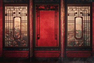 中式红门与雕花窗景