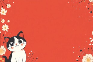 红底花猫花卉可爱插画