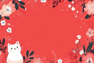 红色花卉旁的可爱猫咪