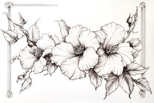 黑白手绘木槿花装饰图案