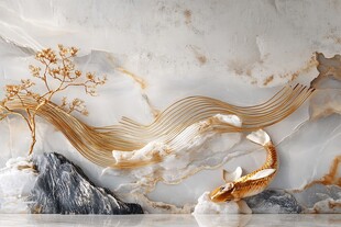 金鲤跃山水中式艺术墙