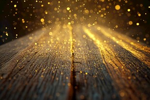 金色光斑洒落古朴木板路