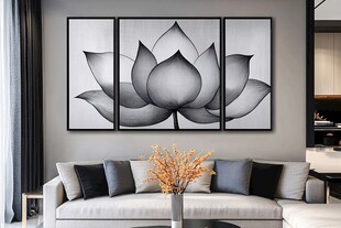 黑白莲花三联画装饰客厅