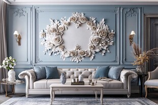 蓝墙玫瑰装饰的优雅客厅