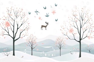 冬日梦幻森林小鹿飞鸟景