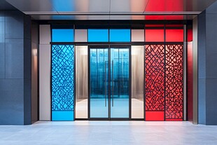 现代建筑彩色雕花玻璃大门