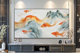 中式客厅的山水金鱼装饰画