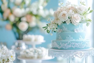 淡蓝浪漫三层花卉婚礼蛋糕