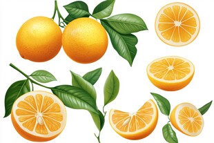 新鲜橙子及切片与枝叶图