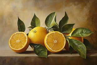 静物油画中的鲜橙与绿叶