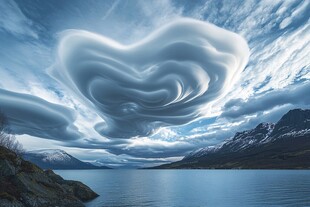 奇异心形云下的湖山美景