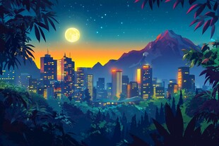 月夜下的城市与山林美景